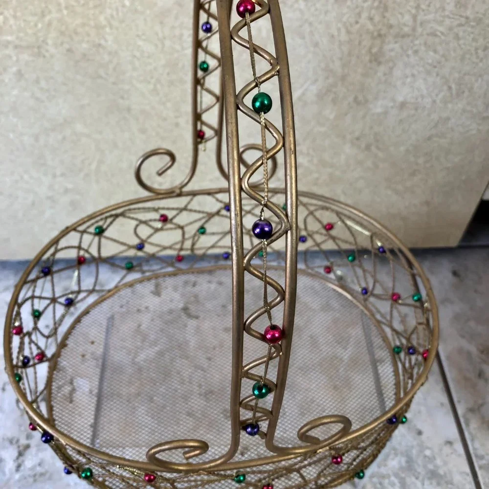 Pier 1 Gold Wired Red Green Purple Beads Tray Basket Storage Decor 11' x 9